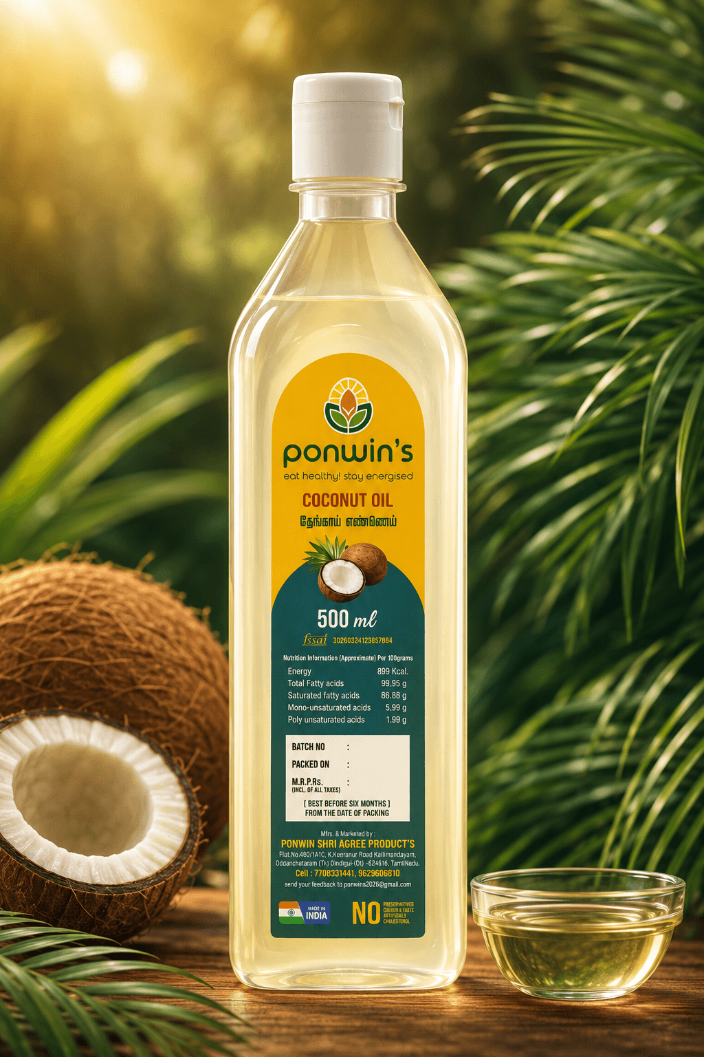 Ponwin's Coconut Oil, 500 ml bottle